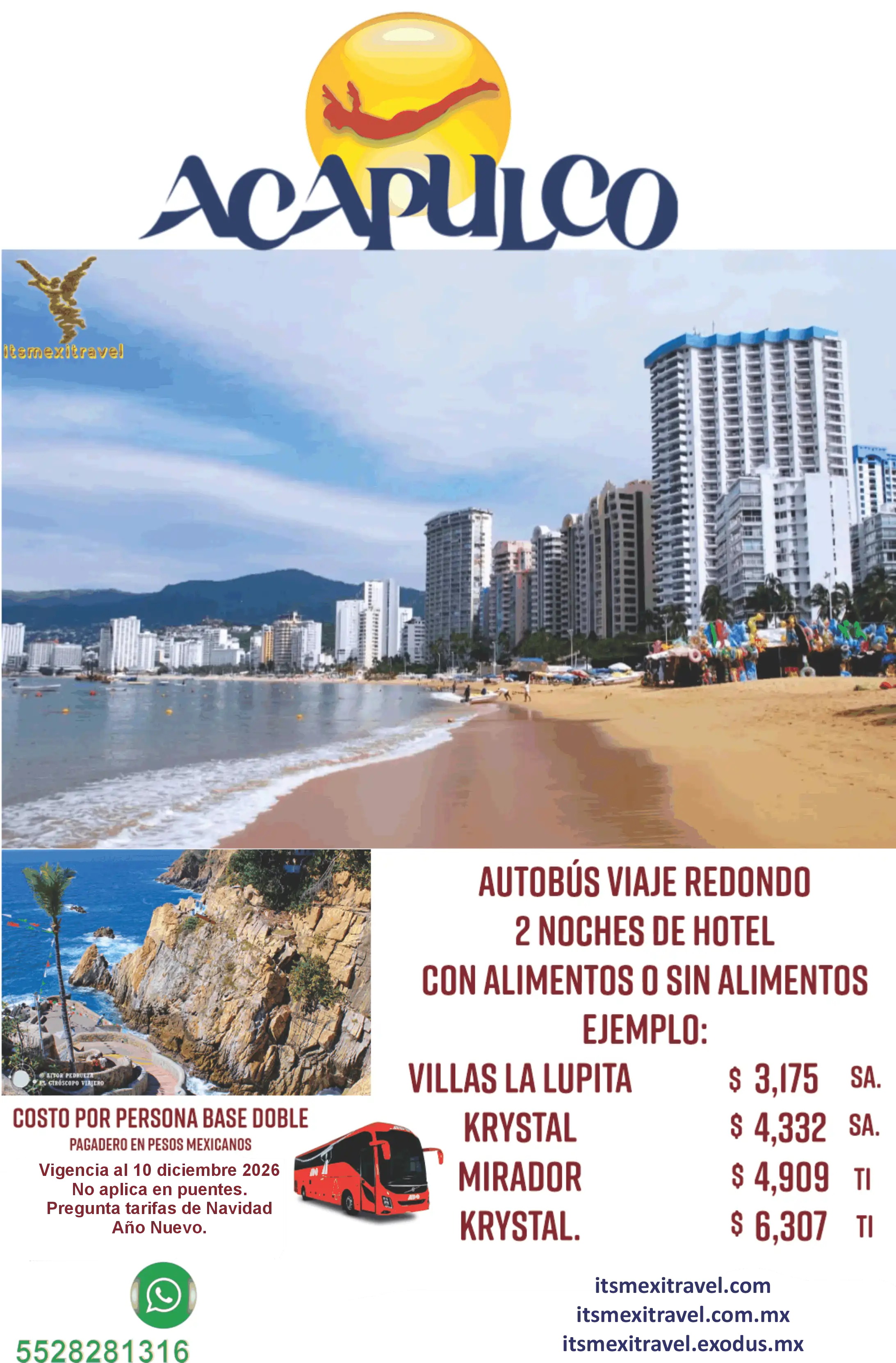 Anuncio de viajes a Acapulco para 2026. Solicita detalles de salidas, hoteles y costos por WhatsApp.