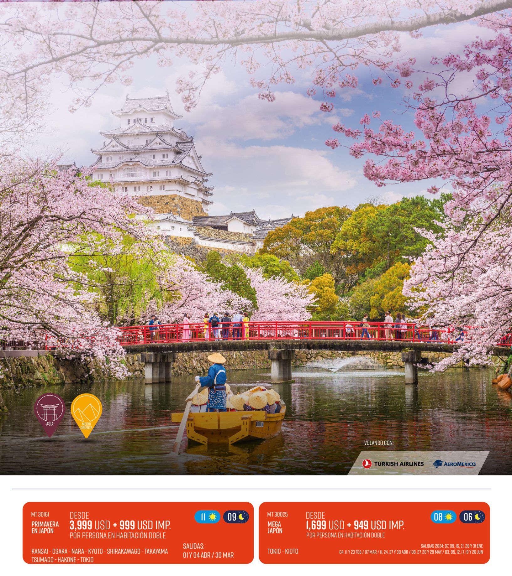 Anuncio de viaje a Turquía y Japón. Solicita fechas, servicios incluidos y costos.